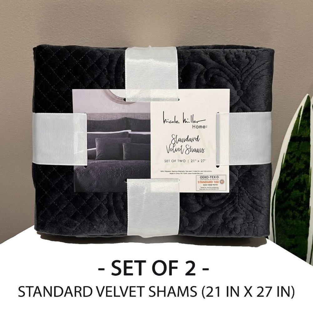 2 NICOLE MILLER Charcoal Gray Quilted Medallion Velvet Standard Pillow Sham Set
